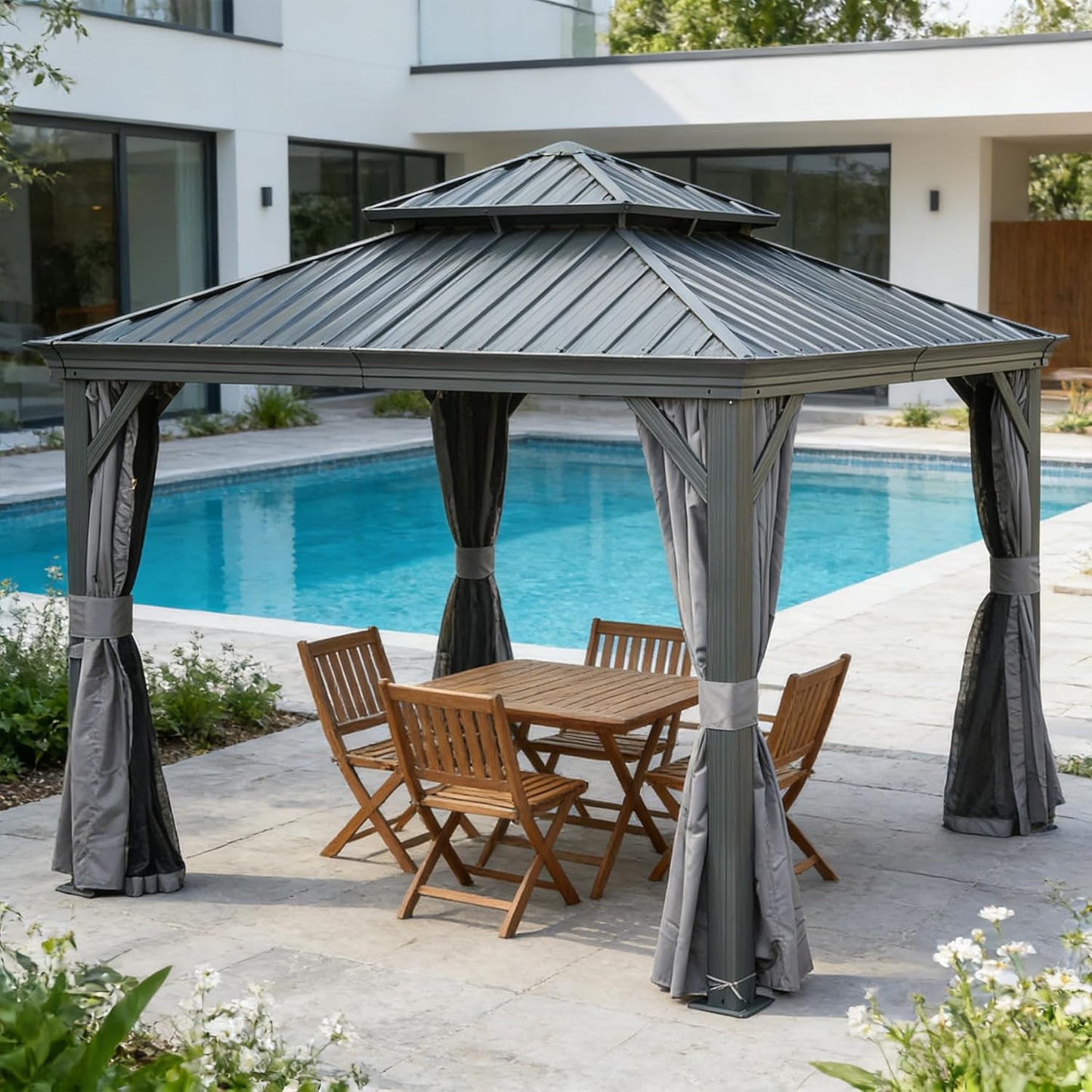 13x13FT Outdoor Hardtop Gazebo with Galvanized Steel Double Roof