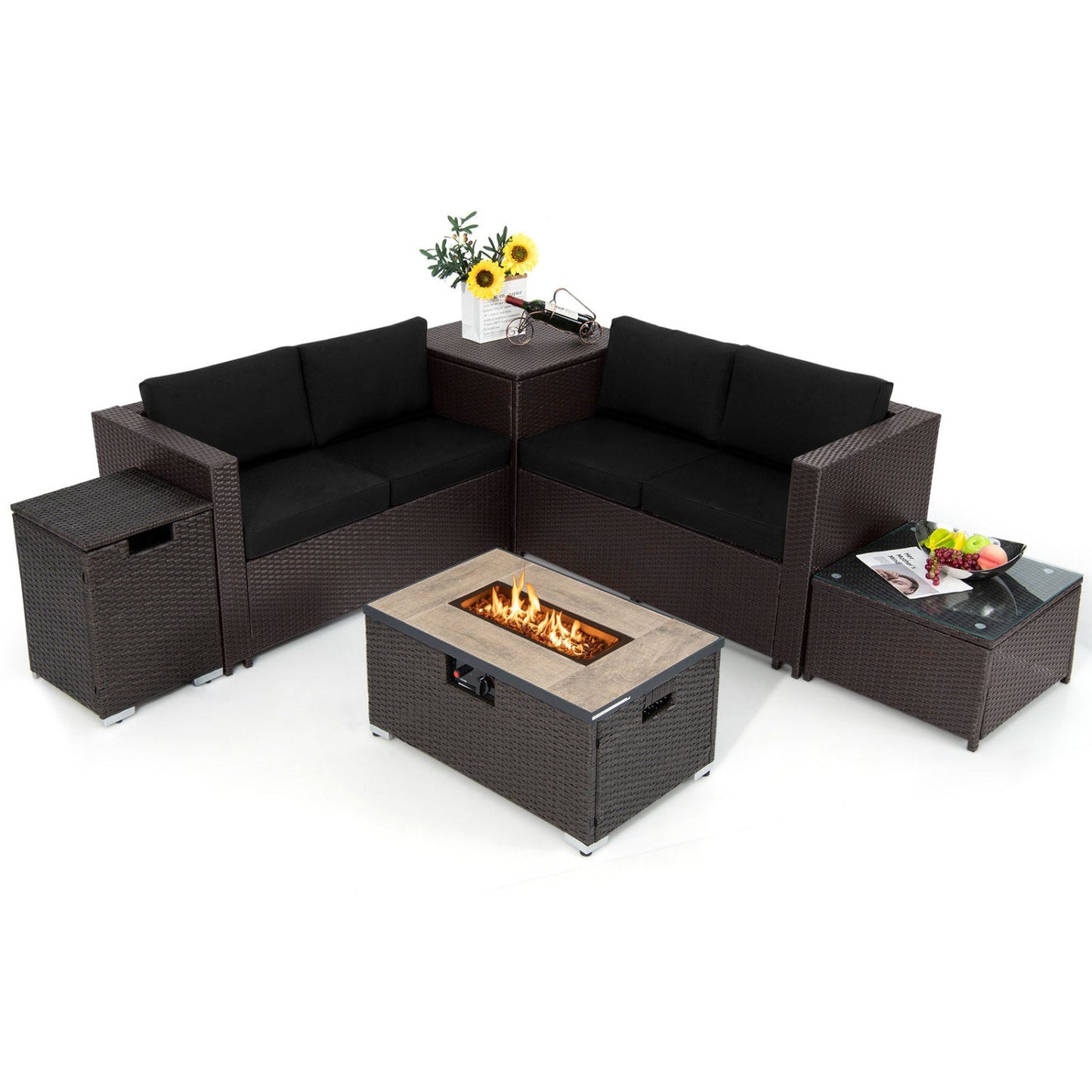 6 Pieces Outdoor Wicker Furniture Set with 32 Inch Propane Fire Pit Table