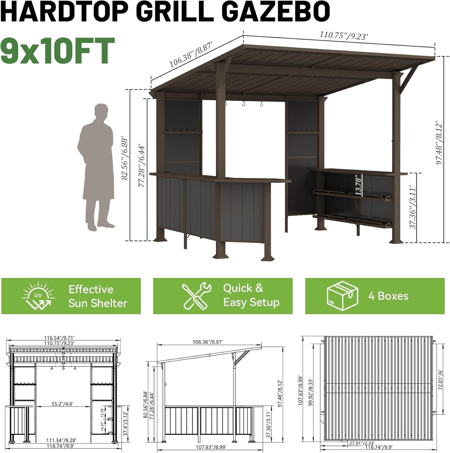 9X10FT Hardtop Grill Gazebo, Lean To Outdoor BBQ Gazebo with Storage Shelves and Expansion Platform