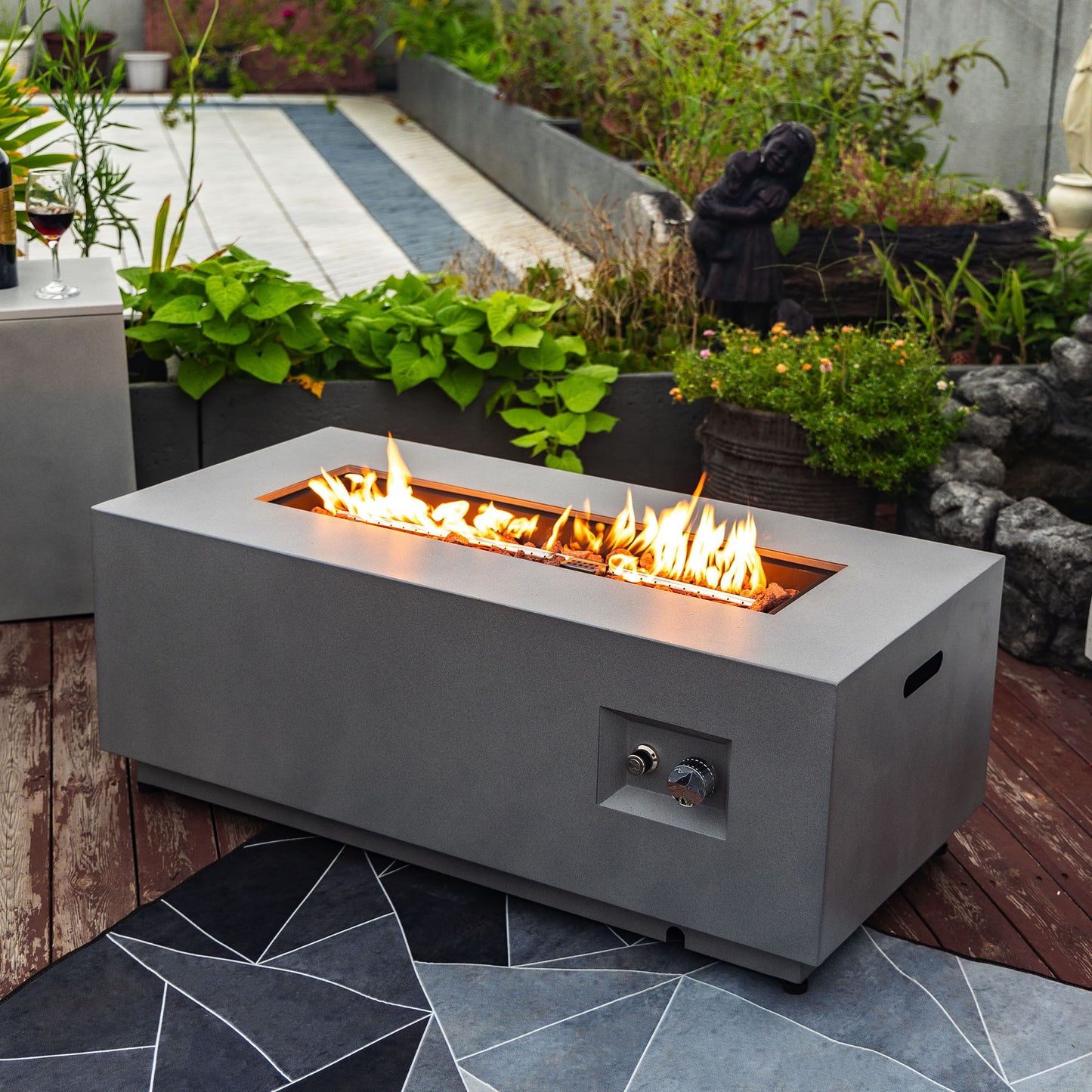 Propane Gas Fire Pit Table, 50000 Btu Rectangular With Glass Wind Guard For Outside - Gray