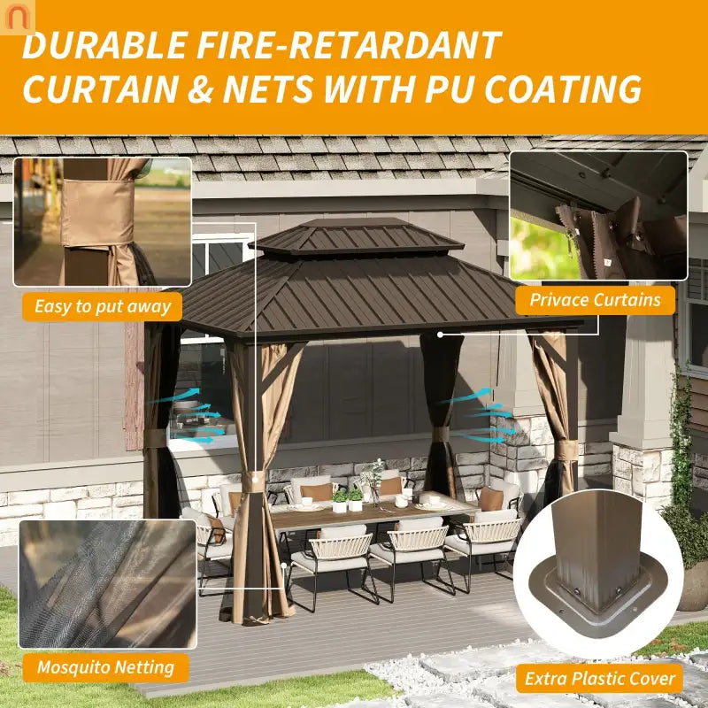 Hardtop Gazebo Aluminum Brown 8x10ft Steel Double Roof Curtains