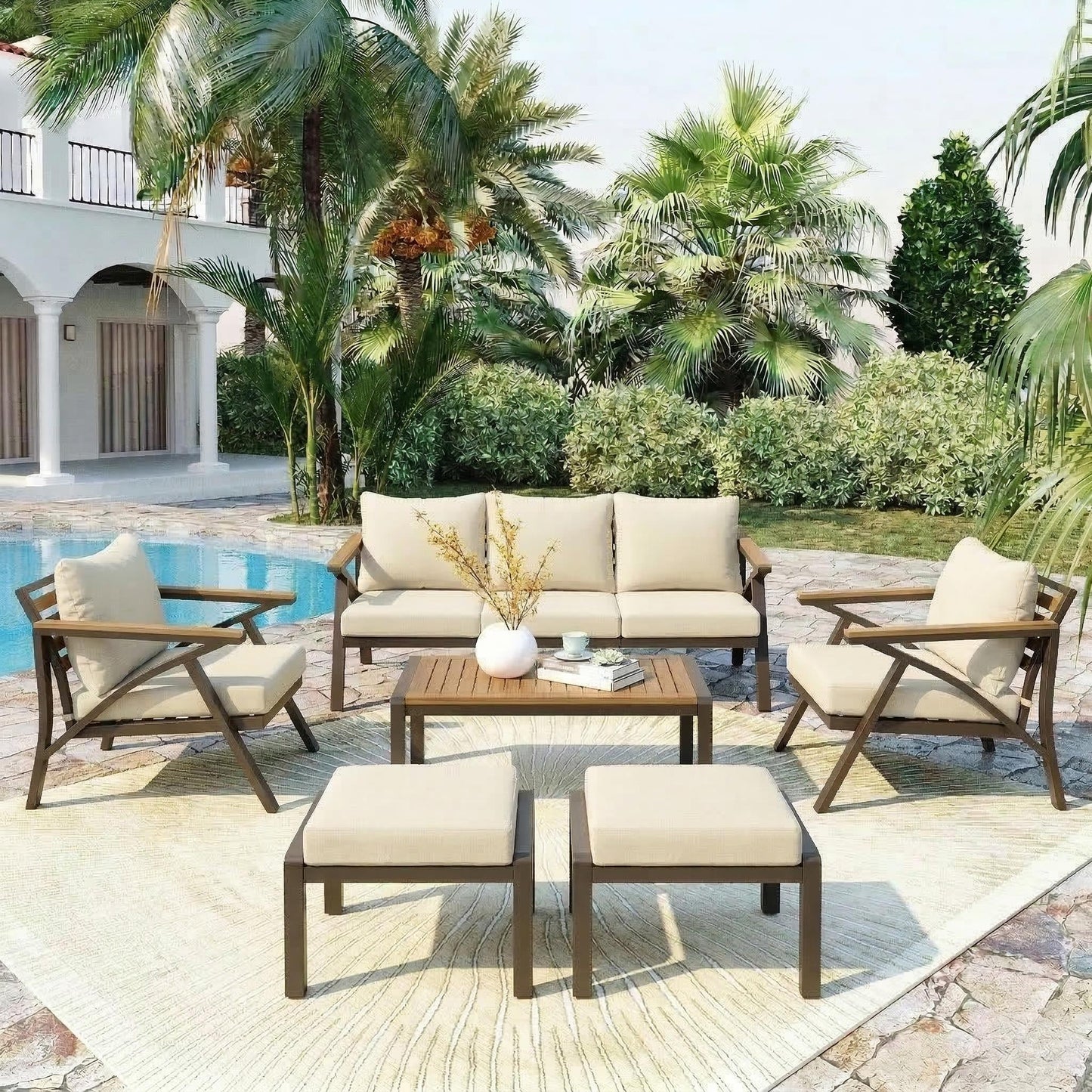 6-Piece Outdoor Patio Furniture Set with Steel Frame Sofa & Acacia Wood Table