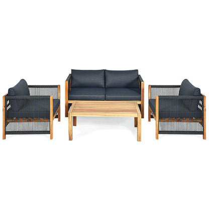 4 Pieces Acacia Wood Outdoor Patio Furniture Set with Cushions