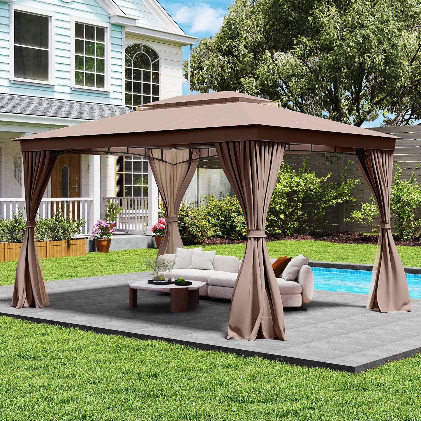 10 x 13 Feet Patio Gazebo Double-Roof with Mesh Netting and Privacy Curtains