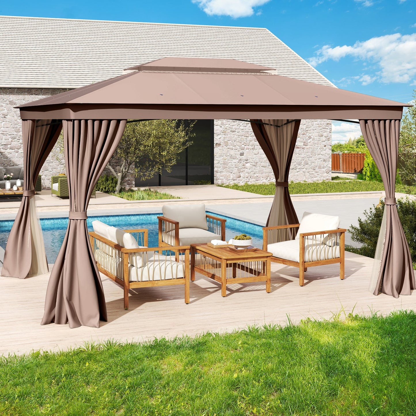 10 x 13 Feet Patio Gazebo Double-Roof with Mesh Netting and Privacy Curtains
