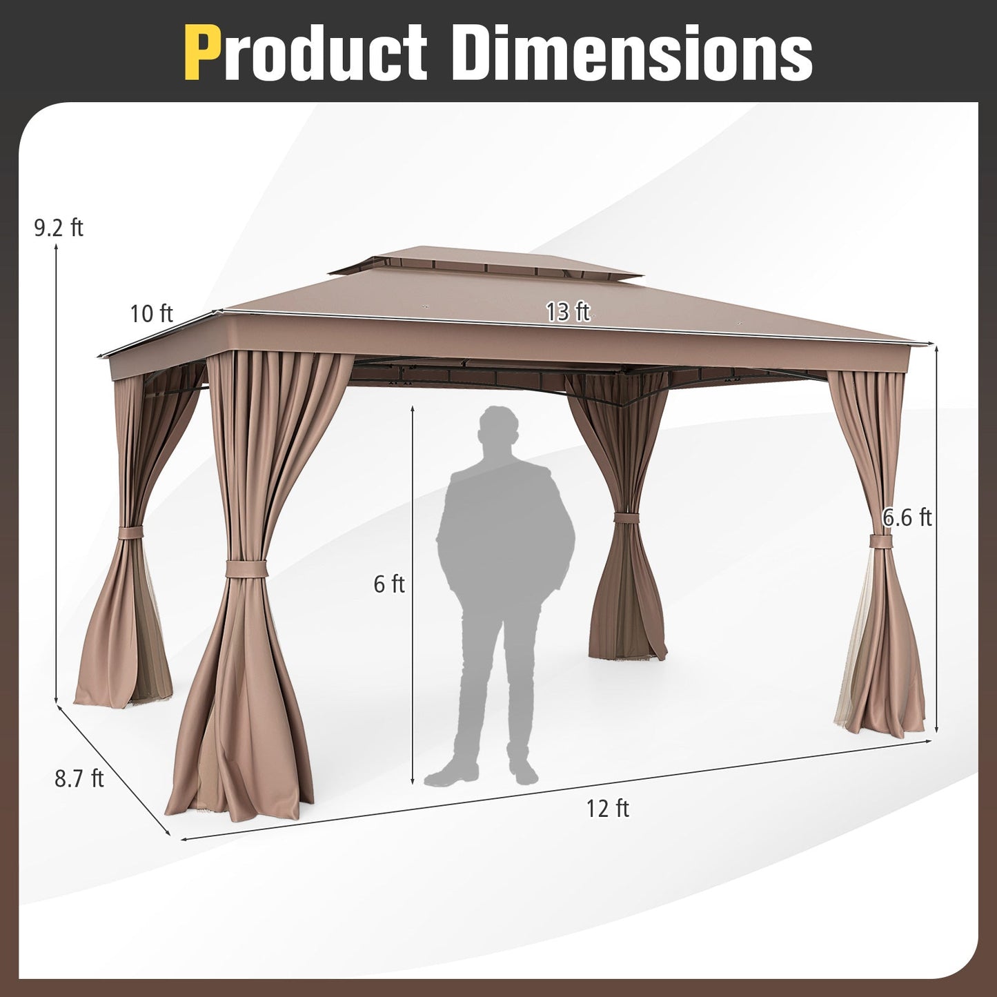 10 x 13 Feet Patio Gazebo Double-Roof with Mesh Netting and Privacy Curtains