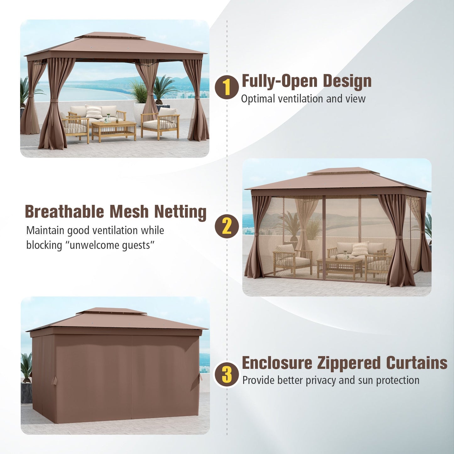 10 x 13 Feet Patio Gazebo Double-Roof with Mesh Netting and Privacy Curtains