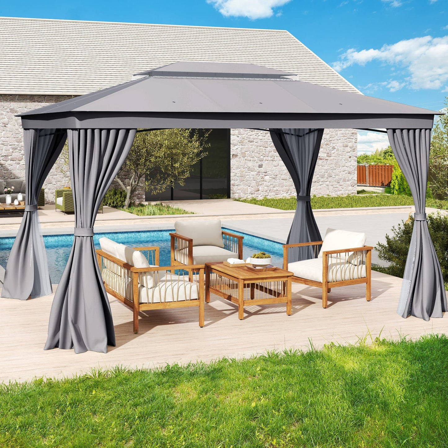 10 x 13 Feet Patio Gazebo Double-Roof with Mesh Netting and Privacy Curtains