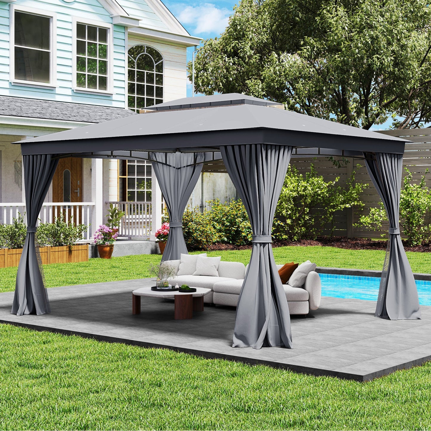10 x 13 Feet Patio Gazebo Double-Roof with Mesh Netting and Privacy Curtains