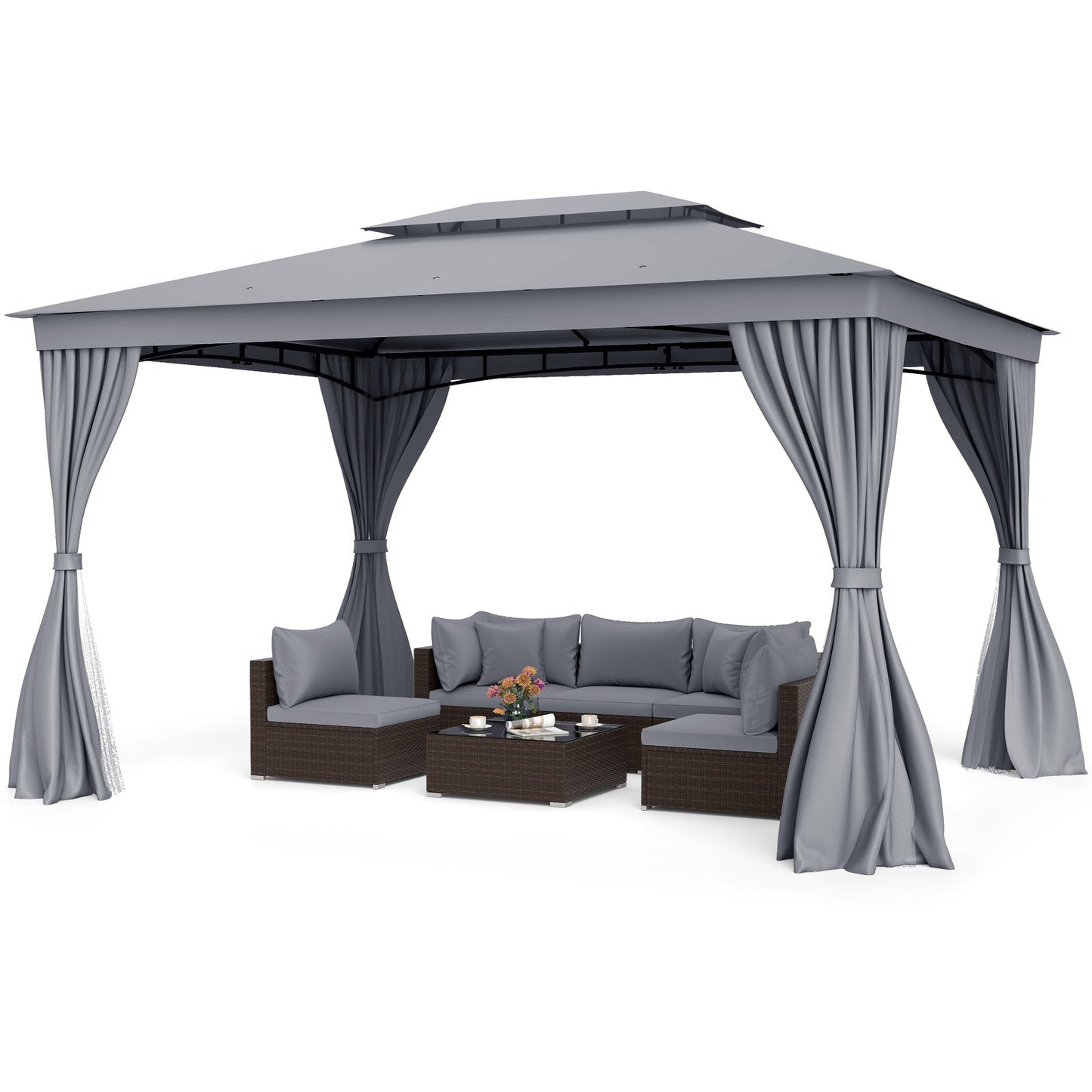 10 x 13 Feet Patio Gazebo Double-Roof with Mesh Netting and Privacy Curtains