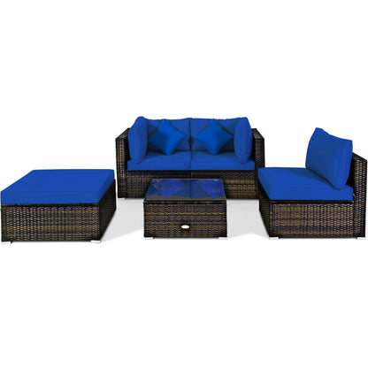 5 Pcs Outdoor Patio Rattan Furniture Set Sectional Conversation with Navy Cushions-Turquoise