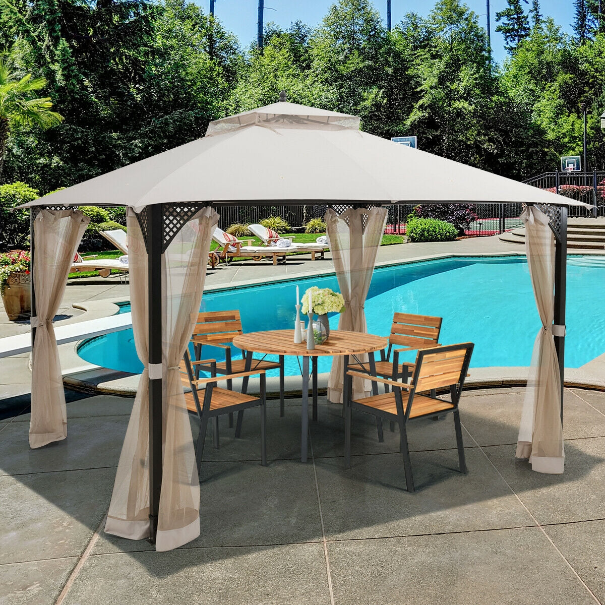 12 x 10 Feet Outdoor Double Top Patio Gazebo with Netting-Brown