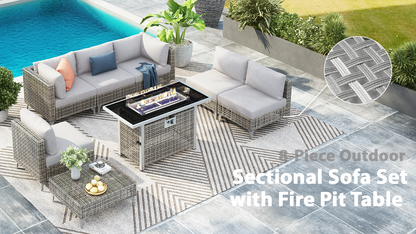 Outdoor Patio Set with Fire Pit Table Rattan Gray 8 Piece 60000 BTU