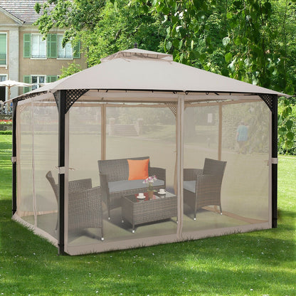 12 x 10 Feet Outdoor Double Top Patio Gazebo with Netting-Brown