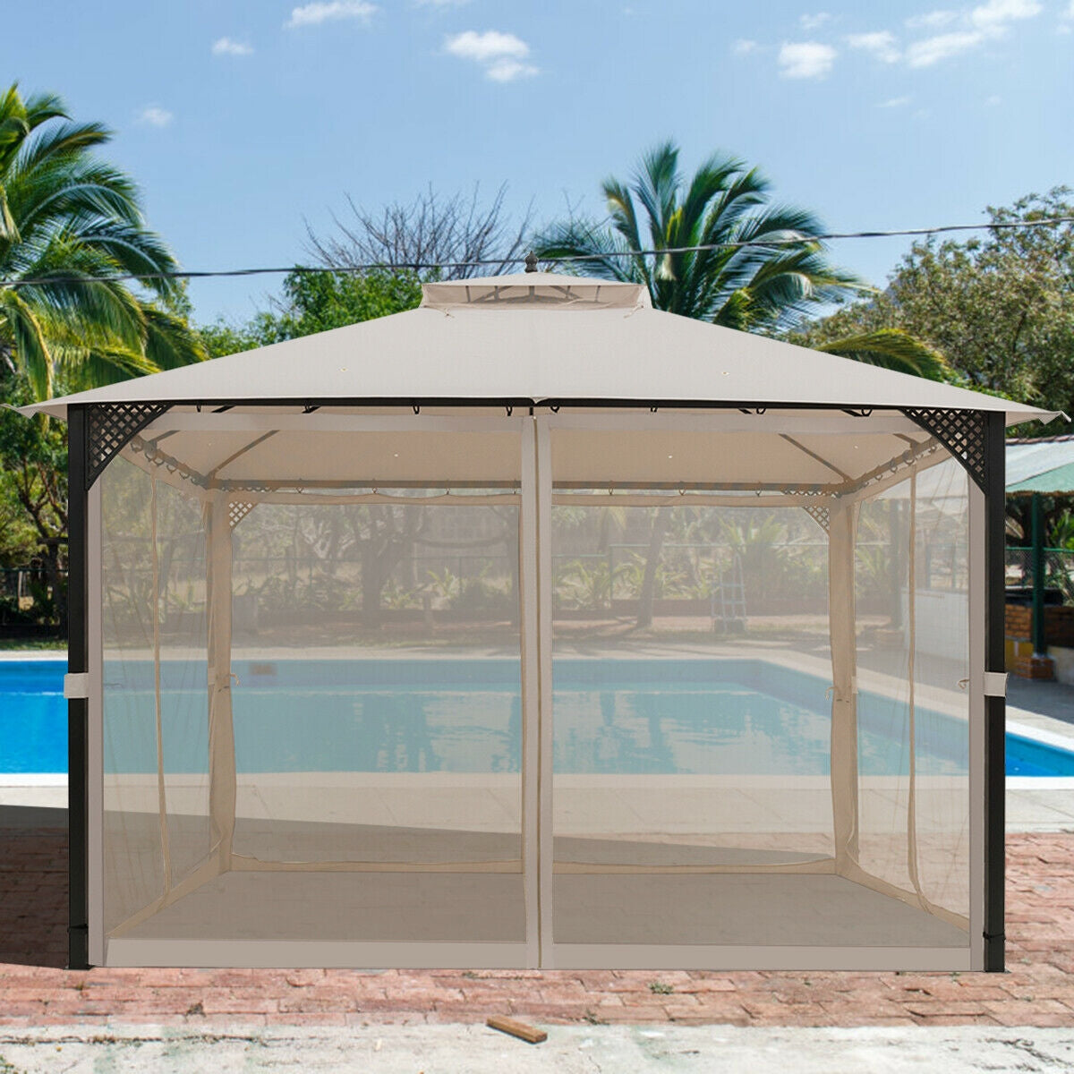 12 x 10 Feet Outdoor Double Top Patio Gazebo with Netting-Brown