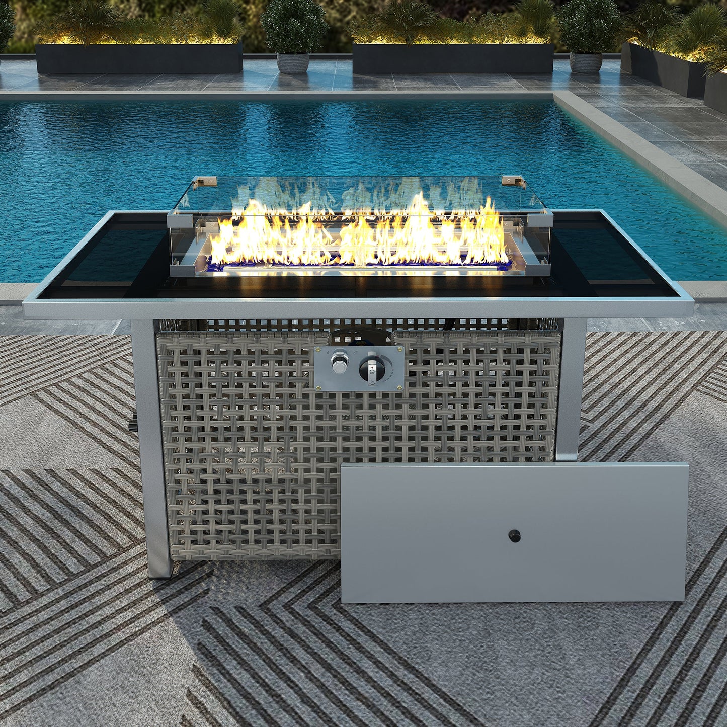 Outdoor Patio Set with Fire Pit Table Rattan Gray 8 Piece 60000 BTU