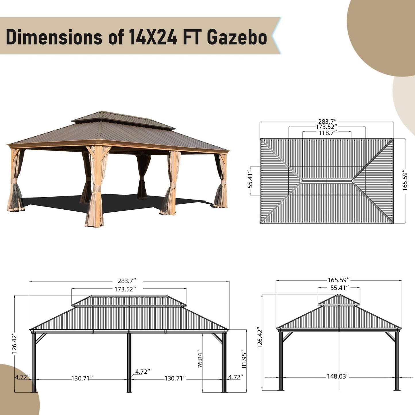 14x24FT Hardtop Gazebo With Galvanized Steel Double Roof