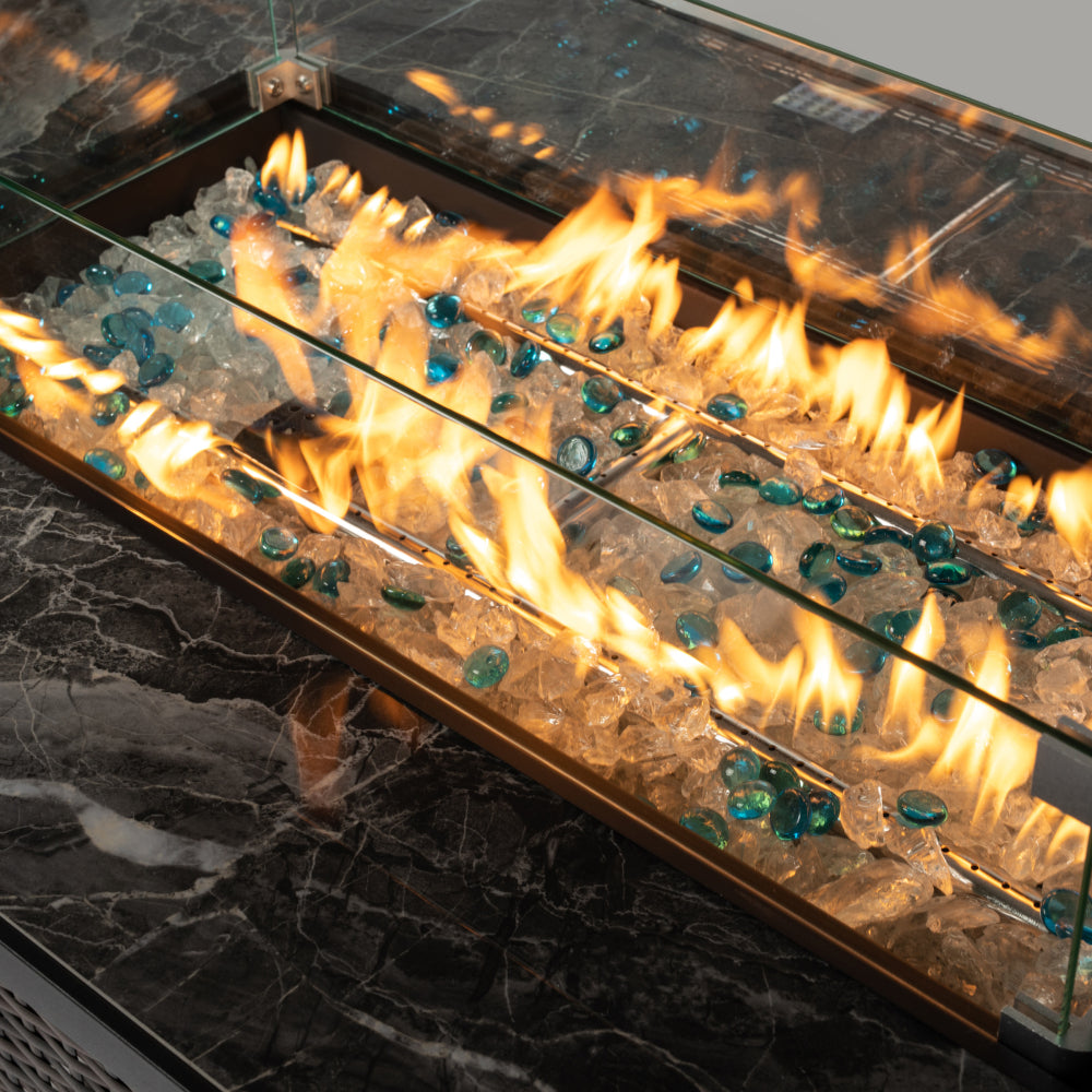 44" Propane Fire Pit Table | 50,000 BTU Rectangular Wicker Fire Table with Marble Tile Top & Glass Windscreen — Brown