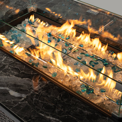 44" Propane Fire Pit Table | 50,000 BTU Rectangular Wicker Fire Table with Marble Tile Top & Glass Windscreen — Brown