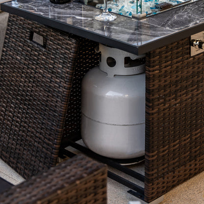 44" Propane Fire Pit Table | 50,000 BTU Rectangular Wicker Fire Table with Marble Tile Top & Glass Windscreen — Brown