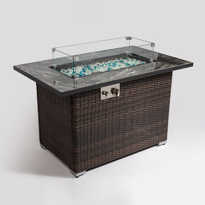 44" Propane Fire Pit Table | 50,000 BTU Rectangular Wicker Fire Table with Marble Tile Top & Glass Windscreen — Brown