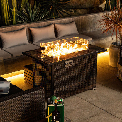 44" Propane Fire Pit Table | 50,000 BTU Rectangular Wicker Fire Table with Marble Tile Top & Glass Windscreen — Brown