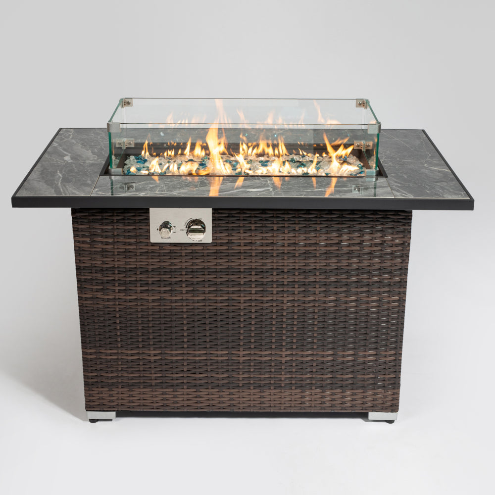 44" Propane Fire Pit Table | 50,000 BTU Rectangular Wicker Fire Table with Marble Tile Top & Glass Windscreen — Brown