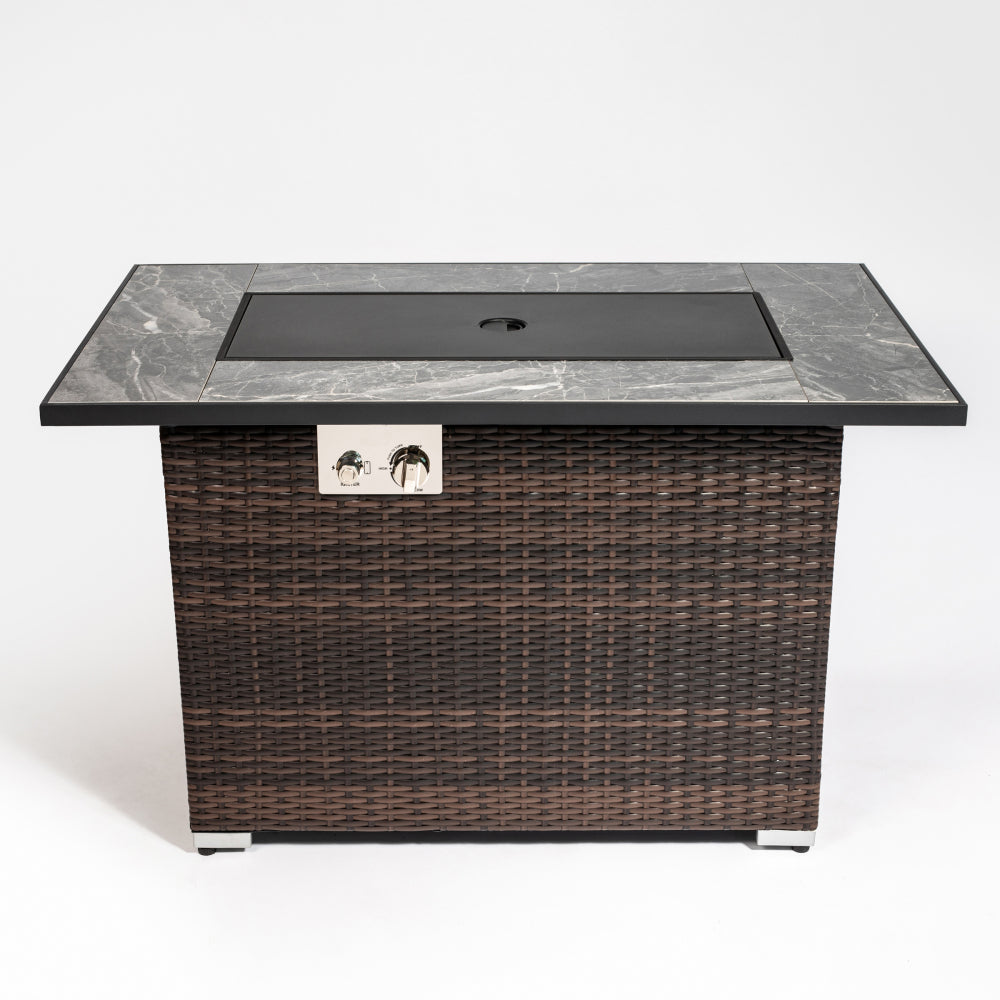 44" Propane Fire Pit Table | 50,000 BTU Rectangular Wicker Fire Table with Marble Tile Top & Glass Windscreen — Brown