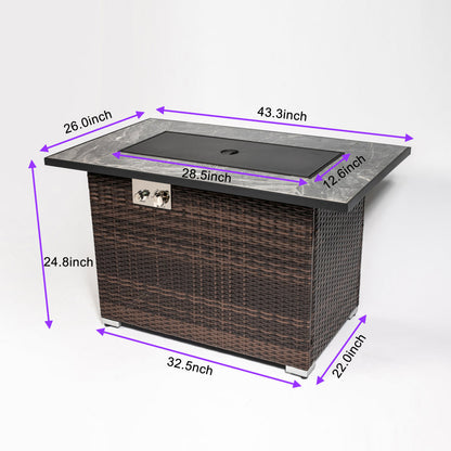 44" Propane Fire Pit Table | 50,000 BTU Rectangular Wicker Fire Table with Marble Tile Top & Glass Windscreen — Brown