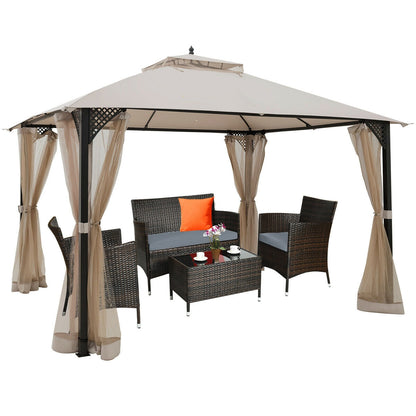 12 x 10 Feet Outdoor Double Top Patio Gazebo with Netting-Brown
