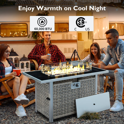 Outdoor Patio Set with Fire Pit Table Rattan Gray 8 Piece 60000 BTU