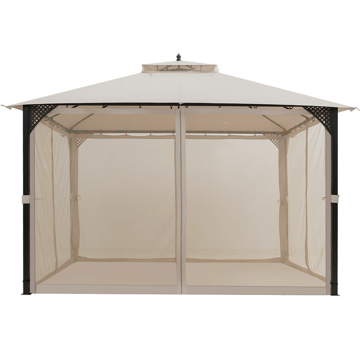 12 x 10 Feet Outdoor Double Top Patio Gazebo with Netting-Brown
