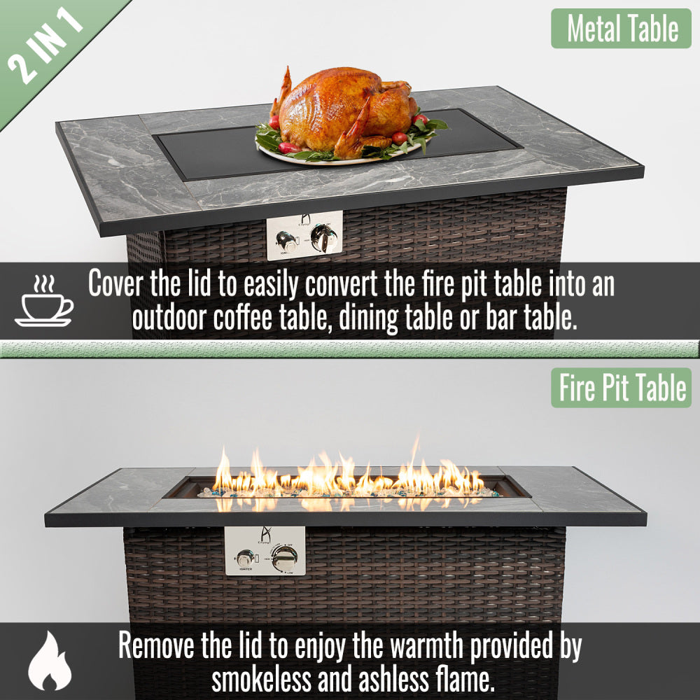 44" Propane Fire Pit Table | 50,000 BTU Rectangular Wicker Fire Table with Marble Tile Top & Glass Windscreen — Brown