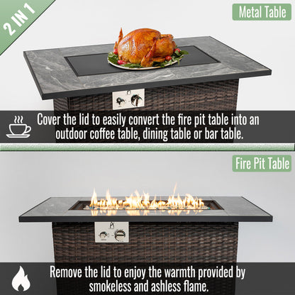 44" Propane Fire Pit Table | 50,000 BTU Rectangular Wicker Fire Table with Marble Tile Top & Glass Windscreen — Brown