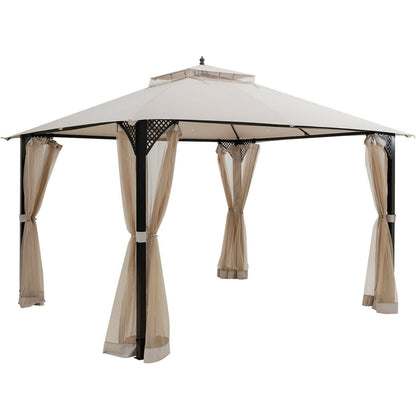 12 x 10 Feet Outdoor Double Top Patio Gazebo with Netting-Brown
