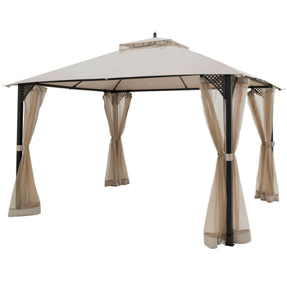 12 x 10 Feet Outdoor Double Top Patio Gazebo with Netting-Brown