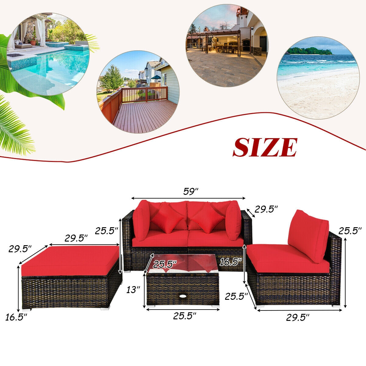 5 Pcs Outdoor Patio Rattan Furniture Set Sectional Conversation with Navy Cushions-Turquoise
