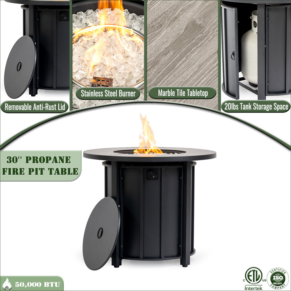 30" Propane Fire Pit Table | 50,000 BTU Round Steel Fire Table with Wood-Grain Ceramic Top & Rain Cover — Black