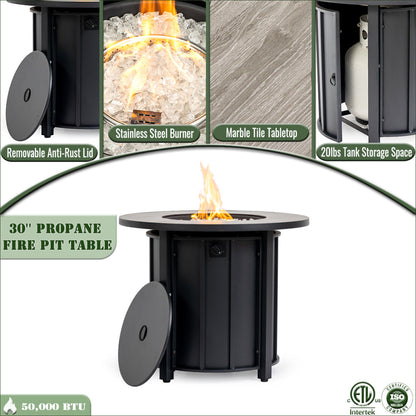 30" Propane Fire Pit Table | 50,000 BTU Round Steel Fire Table with Wood-Grain Ceramic Top & Rain Cover — Black