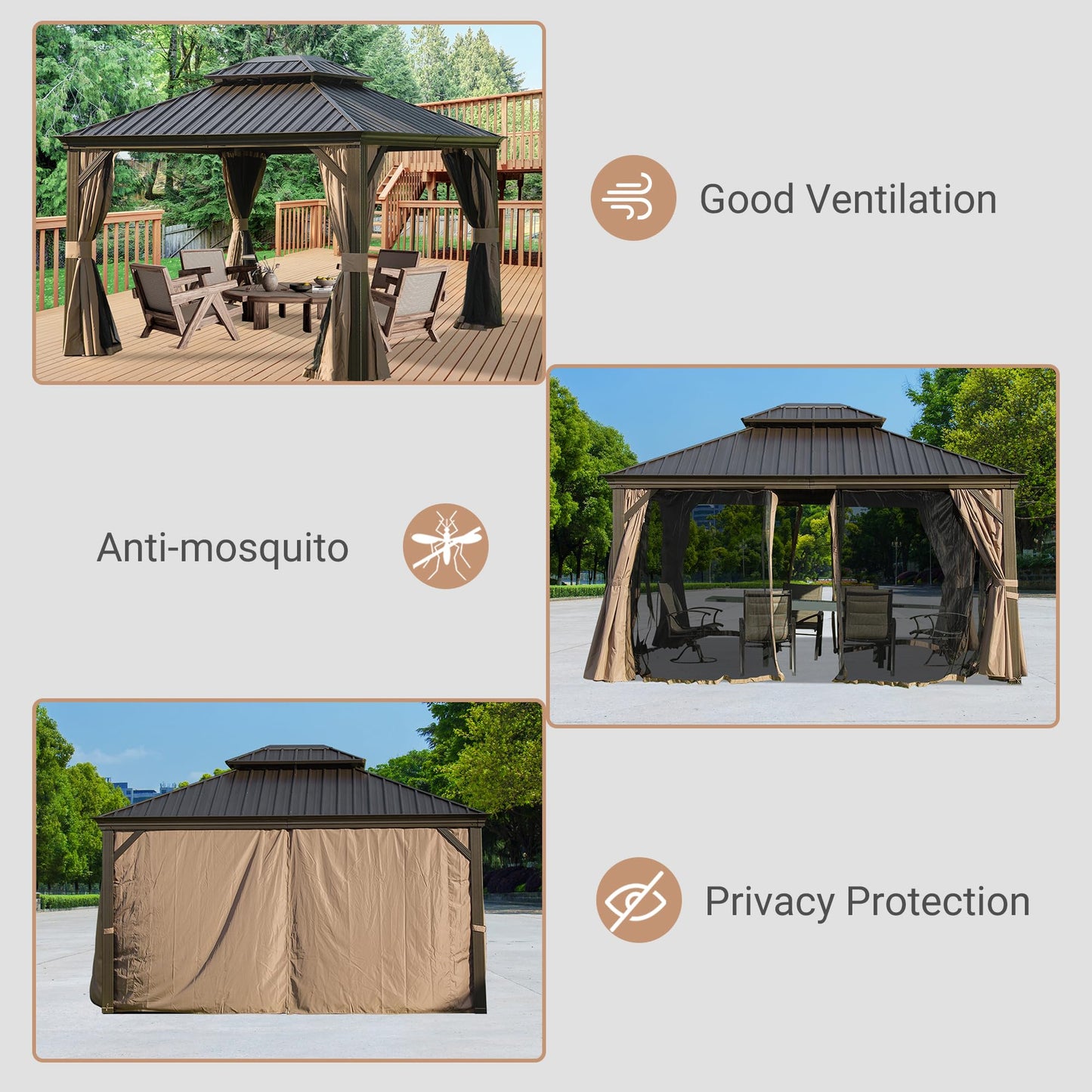 10' x 12' Hardtop Gazebo with Galvanized Steel Double Roof, Curtains, and Netting