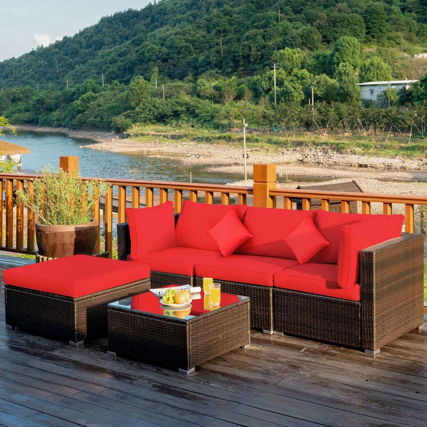 5 Pcs Outdoor Patio Rattan Furniture Set Sectional Conversation with Navy Cushions-Turquoise