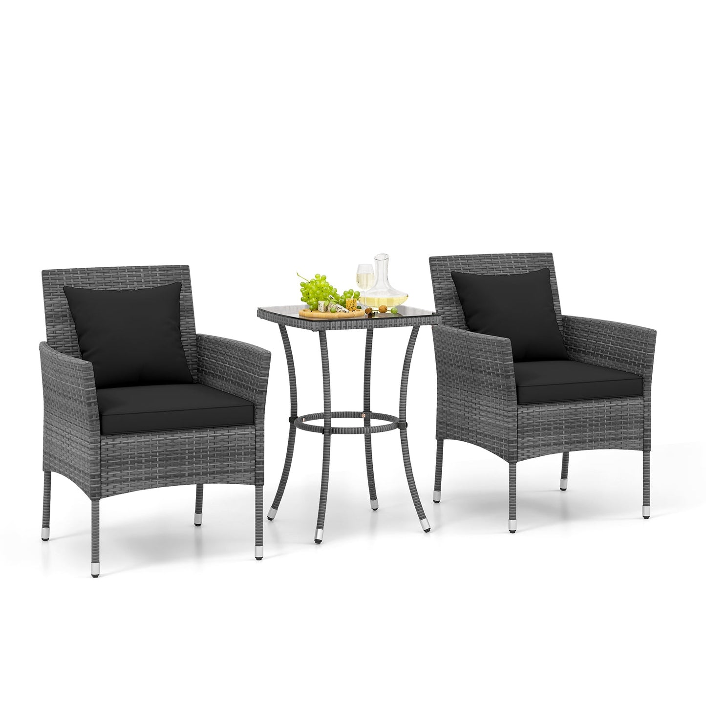 3 Pieces Patio Furniture Set with Cushioned Patio Chairs and Tempered Glass Coffee Table