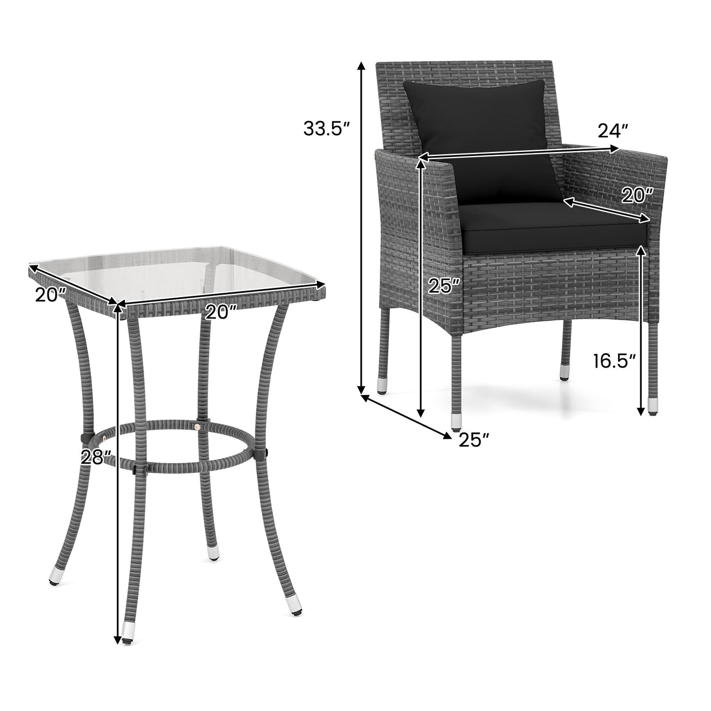 3 Pieces Patio Furniture Set with Cushioned Patio Chairs and Tempered Glass Coffee Table