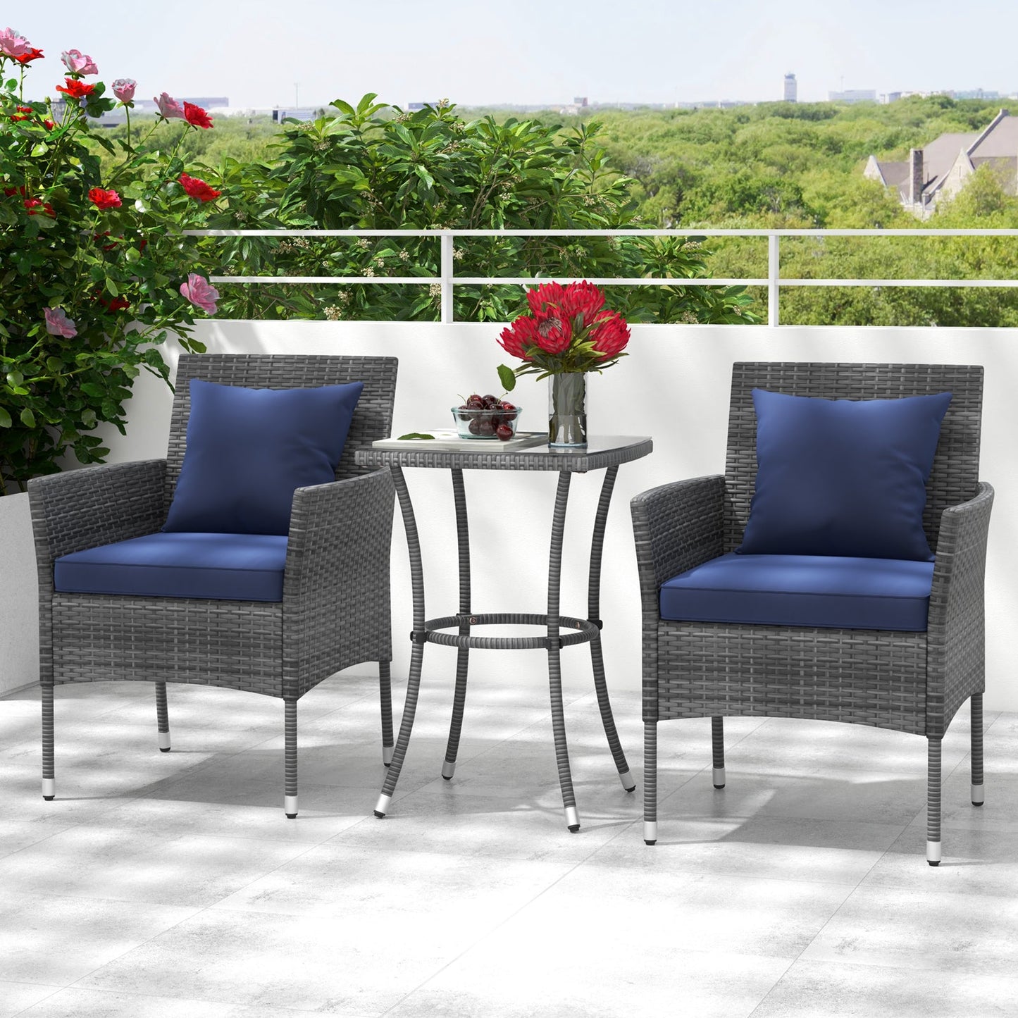 3 Pieces Patio Furniture Set with Cushioned Patio Chairs and Tempered Glass Coffee Table