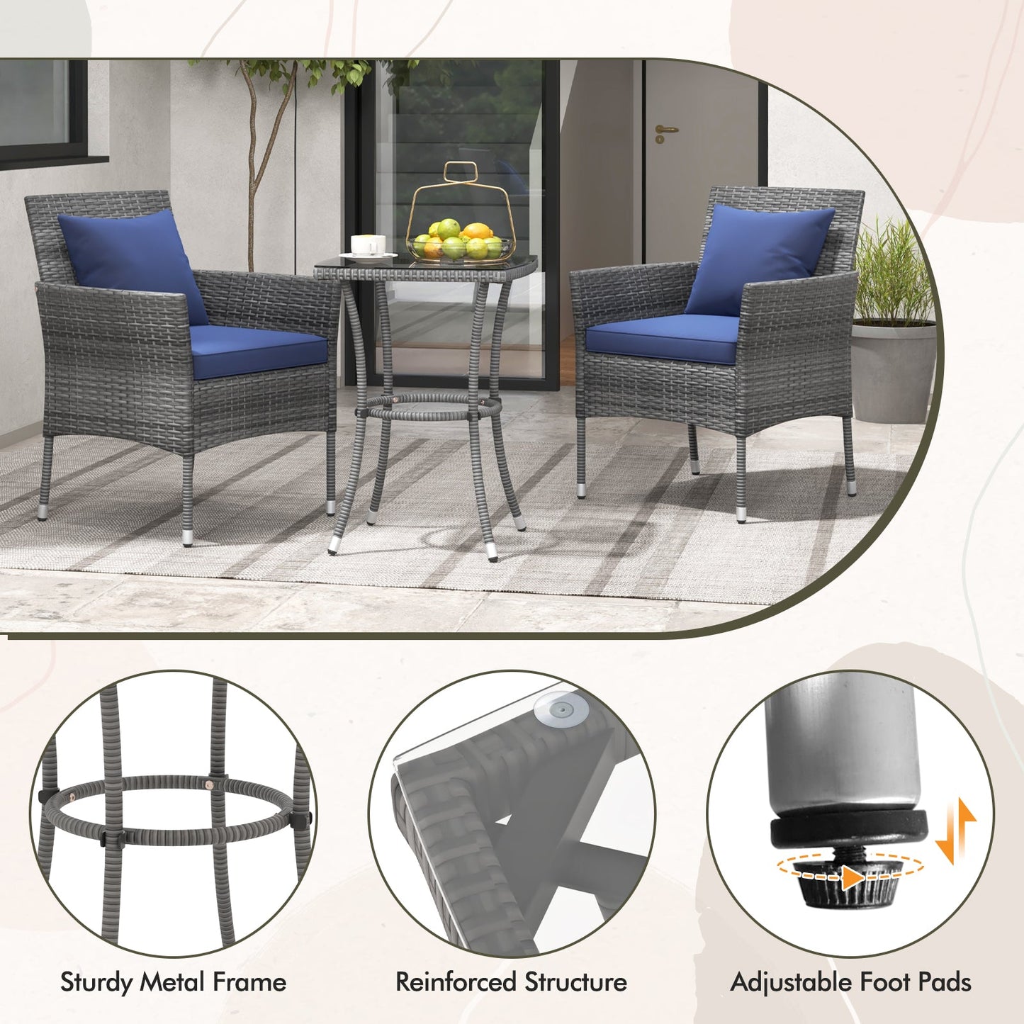 3 Pieces Patio Furniture Set with Cushioned Patio Chairs and Tempered Glass Coffee Table