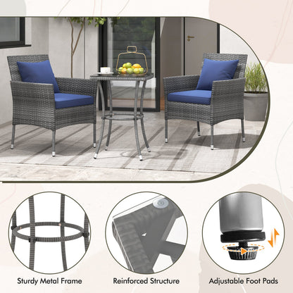3 Pieces Patio Furniture Set with Cushioned Patio Chairs and Tempered Glass Coffee Table