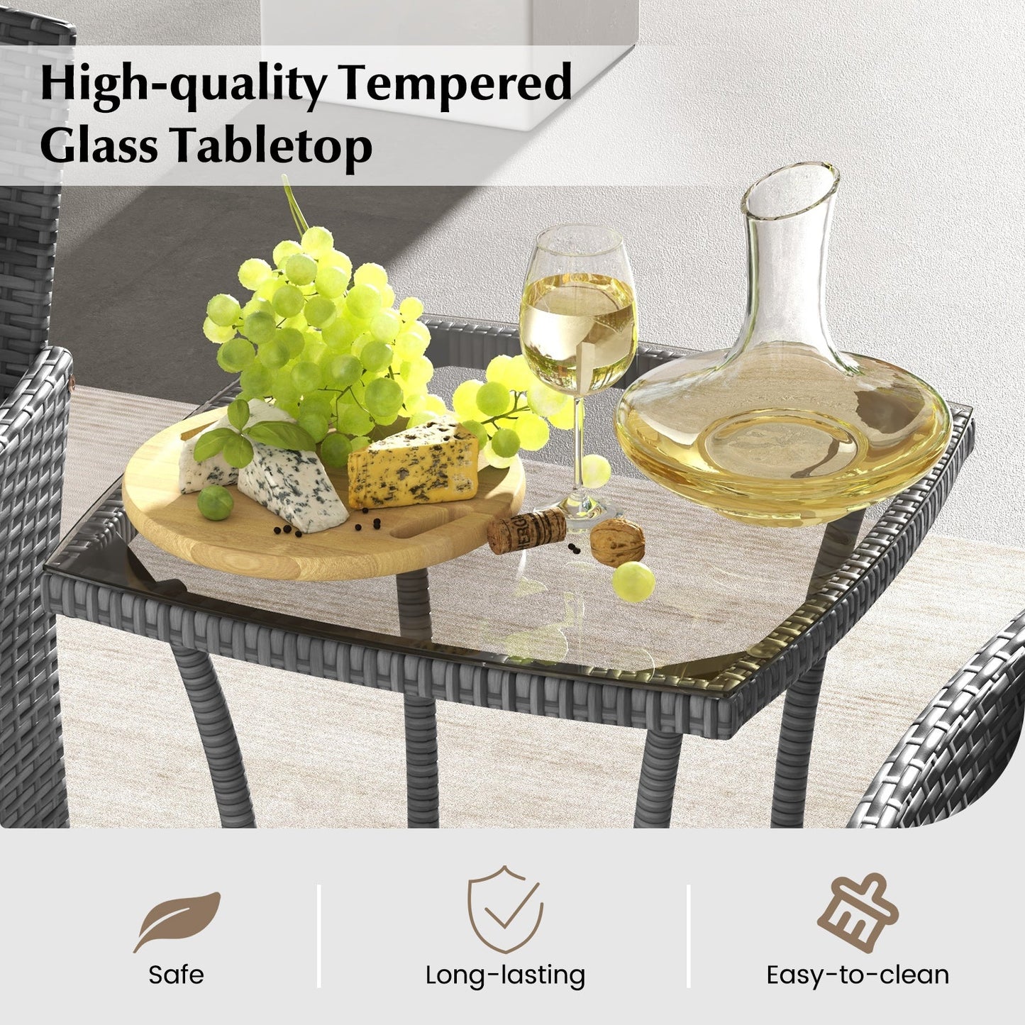 3 Pieces Patio Furniture Set with Cushioned Patio Chairs and Tempered Glass Coffee Table