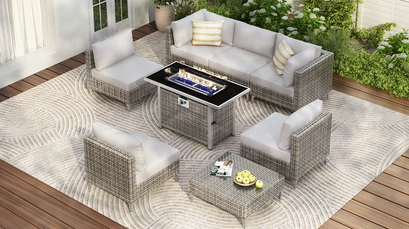 K&K Patio 8-Piece Patio Furniture Set with 43" Fire Pit Table