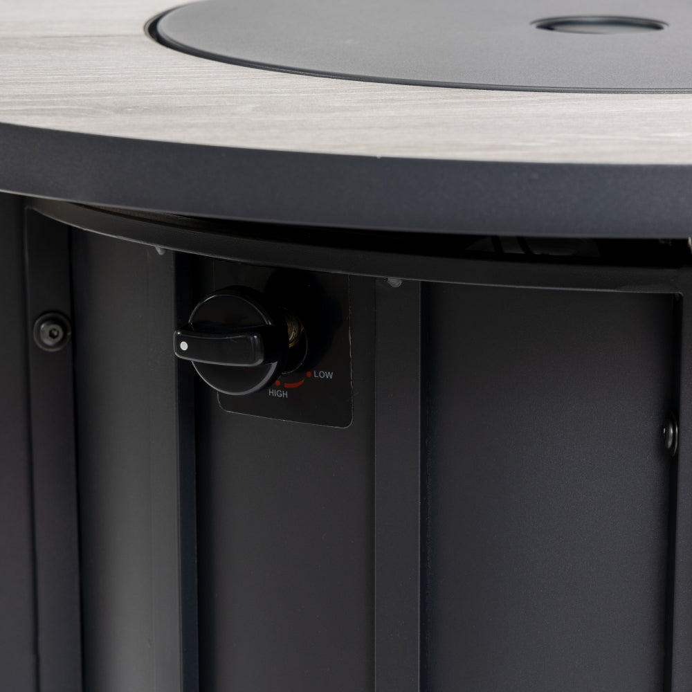 30" Propane Fire Pit Table | 50,000 BTU Round Steel Fire Table with Wood-Grain Ceramic Top & Rain Cover — Black