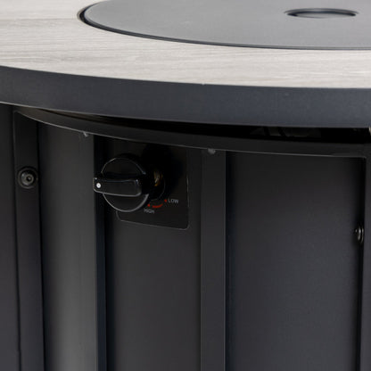 30" Propane Fire Pit Table | 50,000 BTU Round Steel Fire Table with Wood-Grain Ceramic Top & Rain Cover — Black